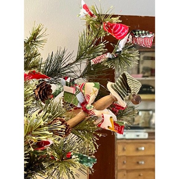 Artificial Christmas Arrangement Upcycled Tin File Drawer Holder Rag Bows - Picture 2 of 10